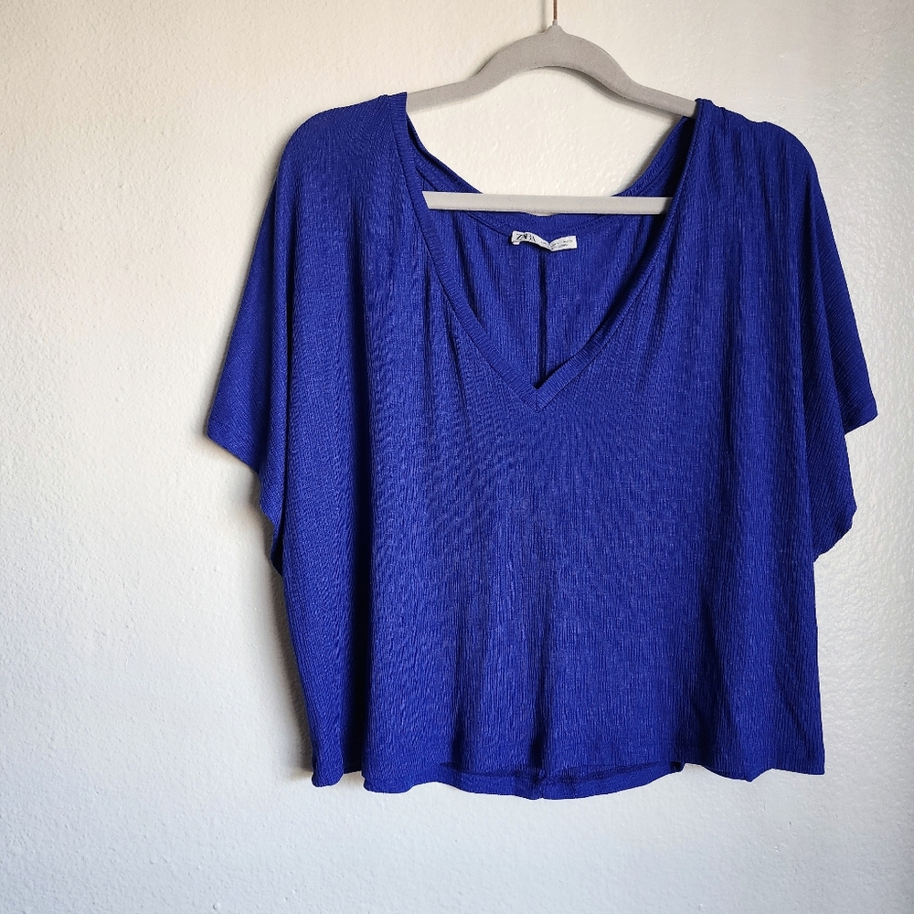 ZARA Ribbed Oversized V-Neck Blouse S Basic Crop Top Minimalist Slouchy Chic